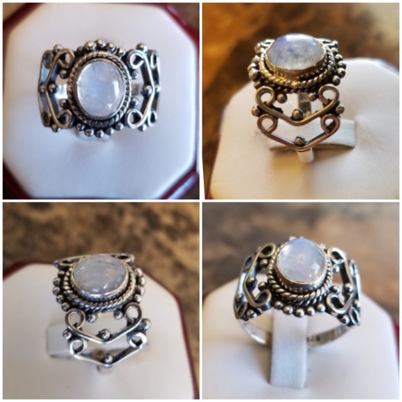 Genuine 3ct Rainbow Moonstone Ring Size 9 - Picture 2 of 6